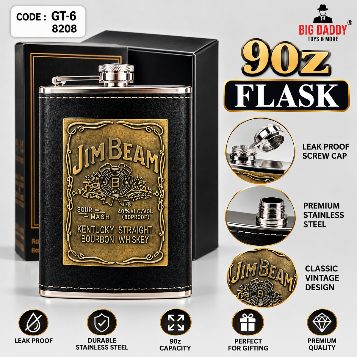 jim Beam leather Hip flask 9oz Code- GT6