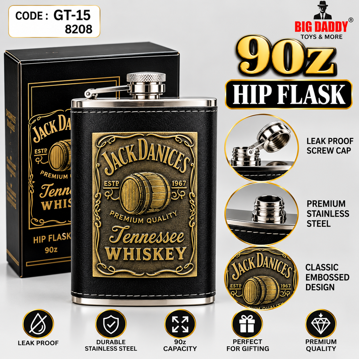 Jack Daniels Leather Hip flask 9oz Code- GT15