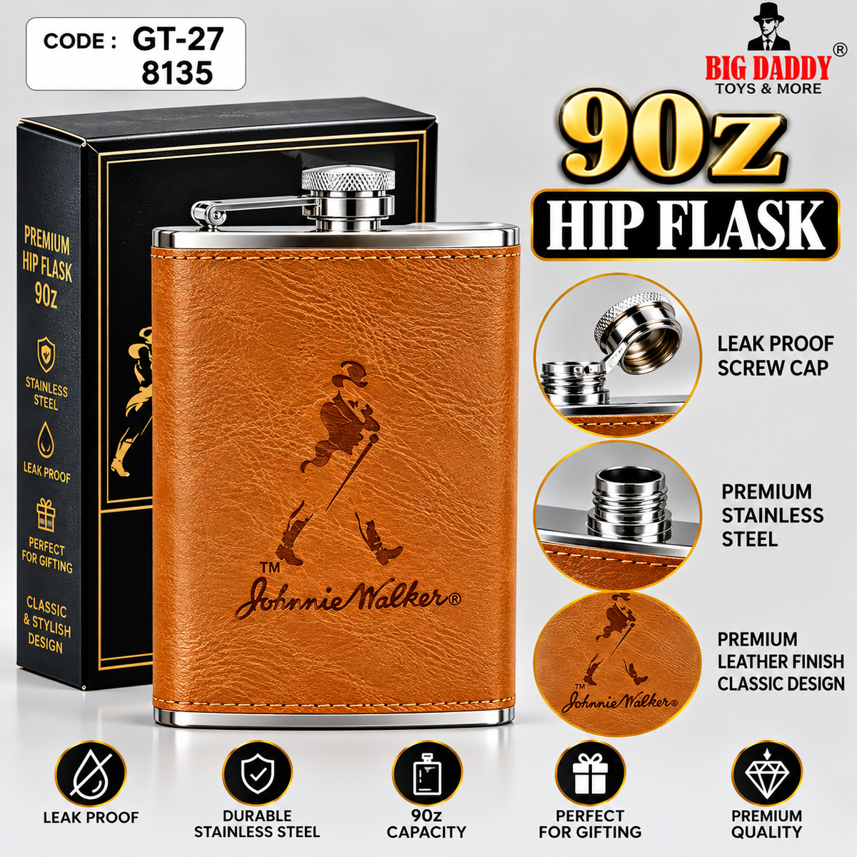 Johnie walker Leather Hip flask 9oz Code- GT27