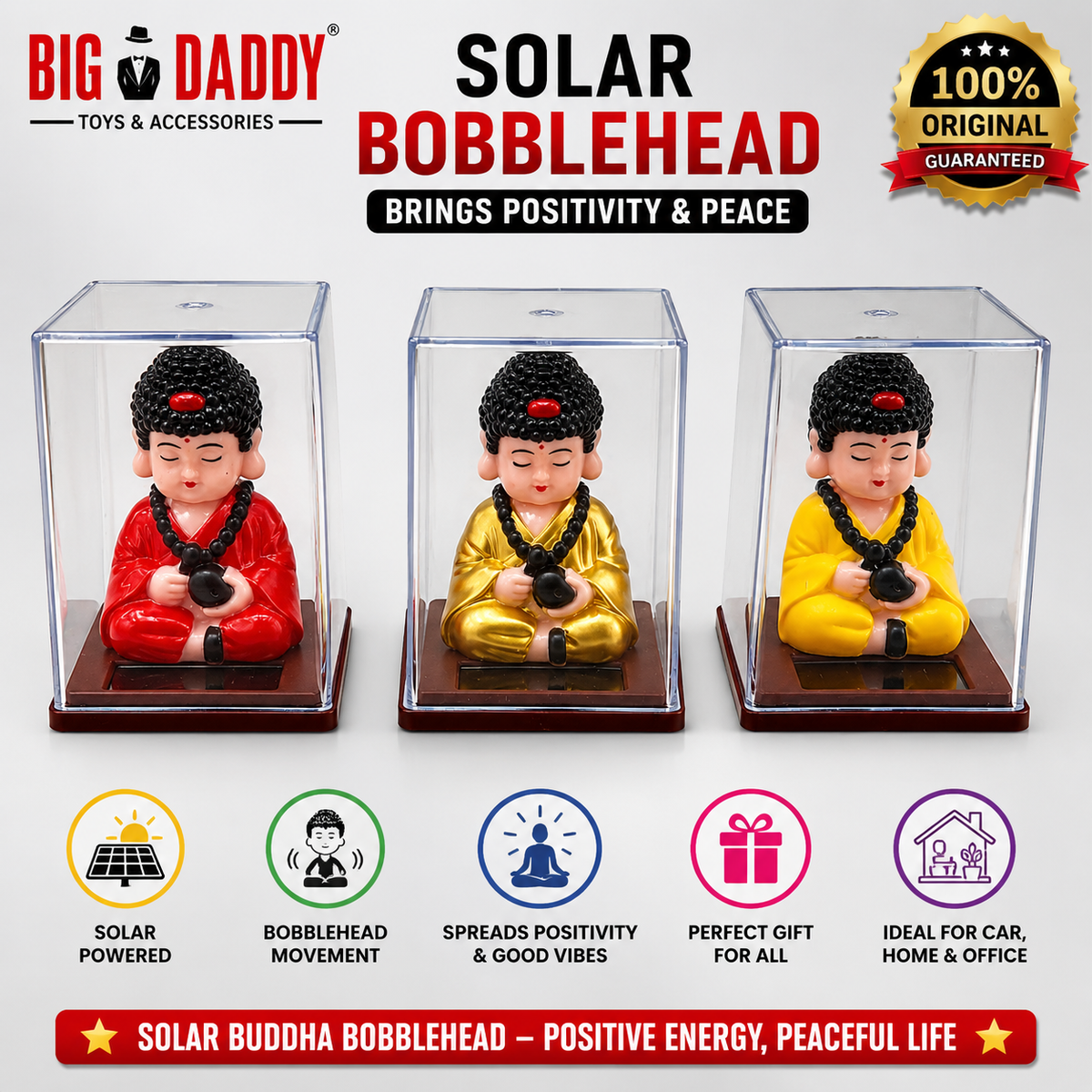 Mini solar budha with hair bobblehead in plastic box pack of 3 ( net price - 110 )