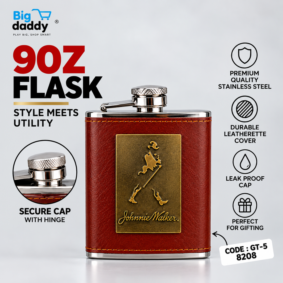 Jonie walker brown Leather Hip flask 9oz Code- GT5