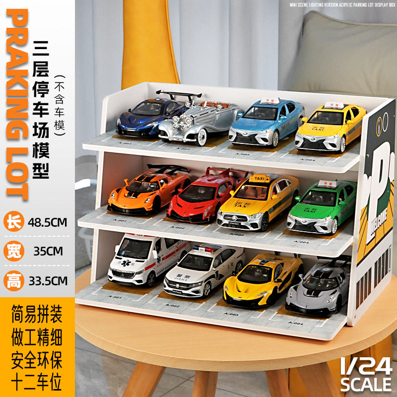 3 floors -1:24 Scale Multi-Layer Parking Garage Model – PVC Stepped Car Toy Storage Rack & Display Ornament, (No Lights, No cars, no figurines)