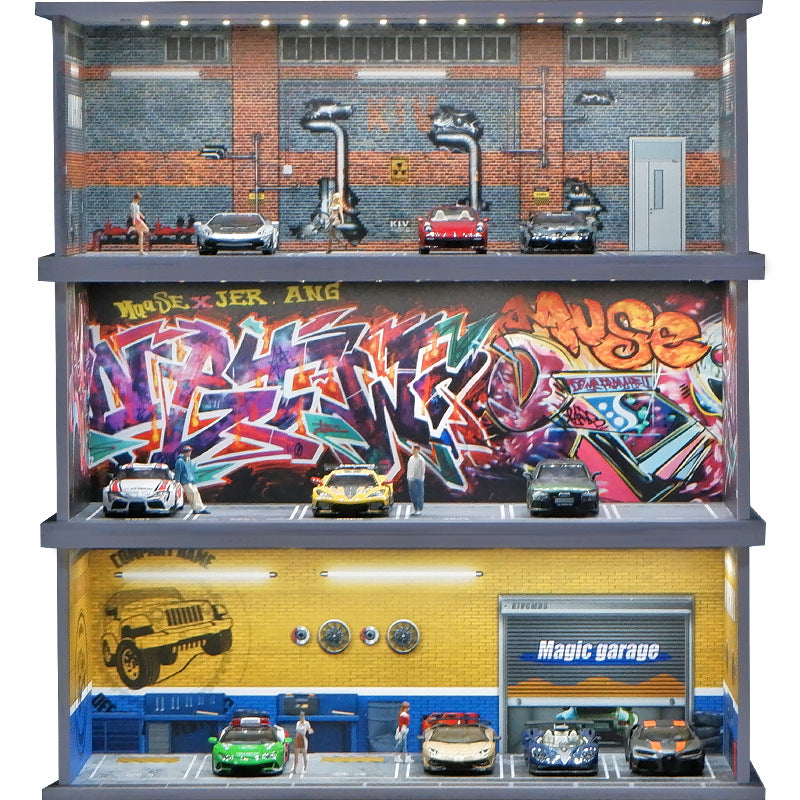 1 floor - 1:64 Scale Simulation grafiti Parking Lot Miniature Scene – with LED Lighting (Excludes Figurines and Car Models)