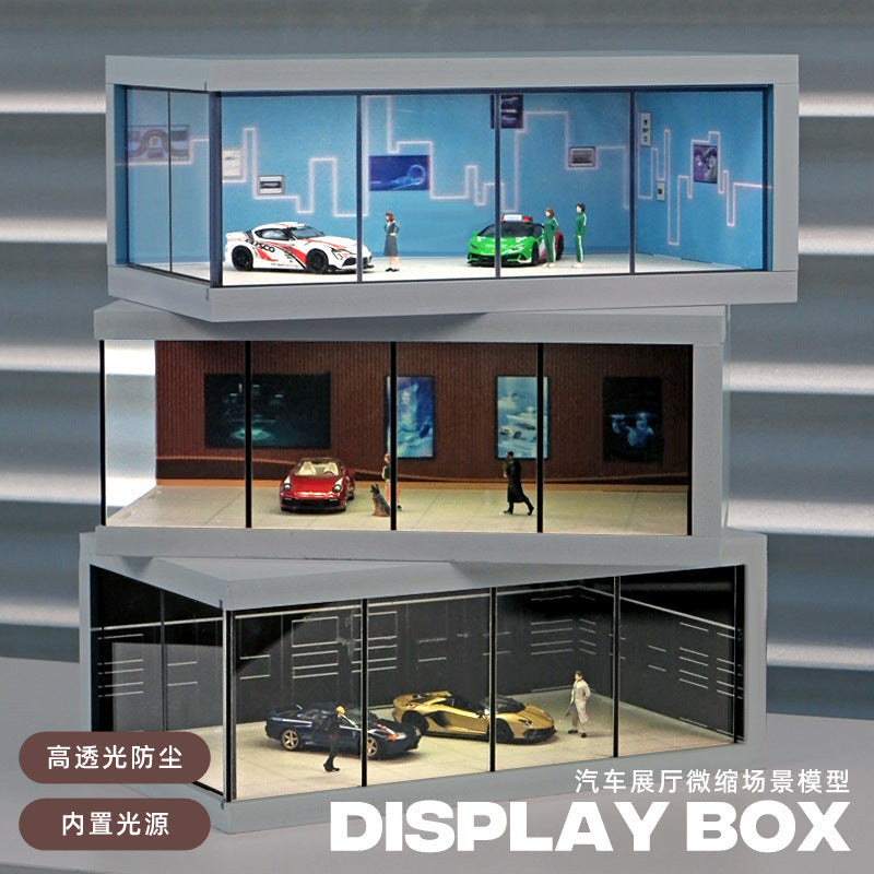 1 box -1:64 Scale Alloy Car Model Display Garage – High-Transparency Acrylic Showroom with LED Lighting Parking Lot Stand (Excludes Figurines and Car Models)