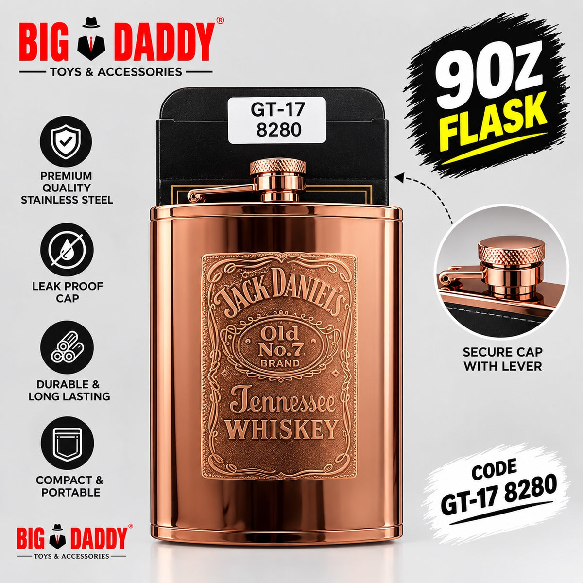 Golden Finish Jd Rose Gold steel flask 9oz Code- GT17