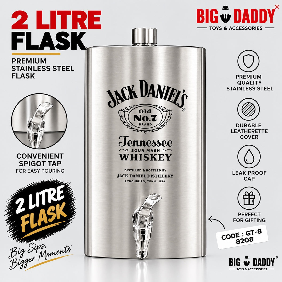Hot selling Jd 2ltr Jumbo flask with tap Silver Code-GT21