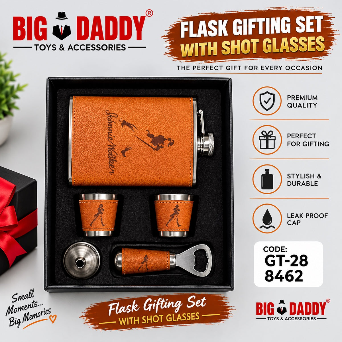 Jw Premium Leather Flask Gift set with 2 glasses Code - GT35
