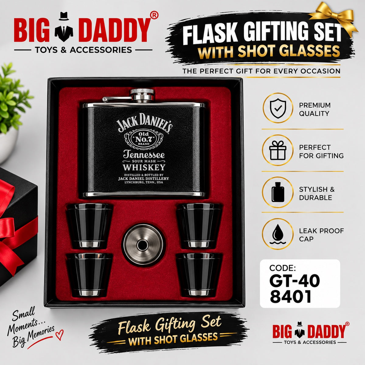 New Shiny steel Premium Jd Hip flask Gift set Code - GT11