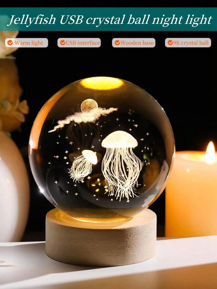 Jelly Fish 3D Crystal Lamp with wooden Base