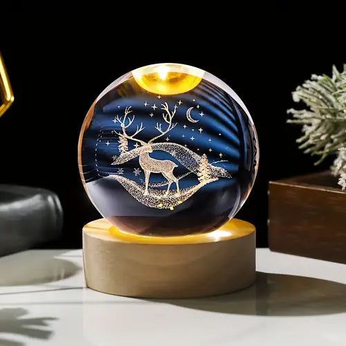 X mas Deer 3D Crystal Lamp with wooden Base