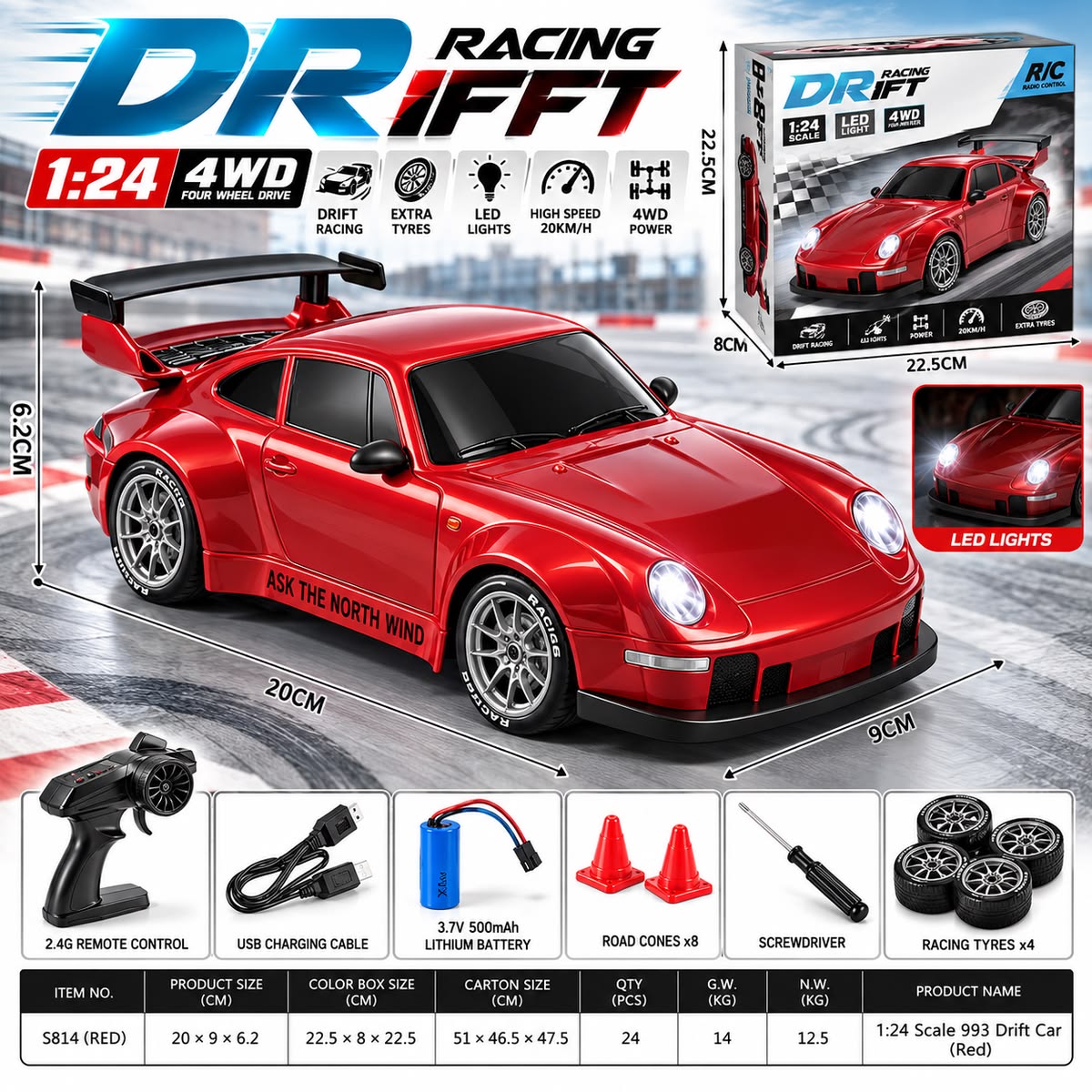 1:24 Drift RC Car Porsch 993 – Red