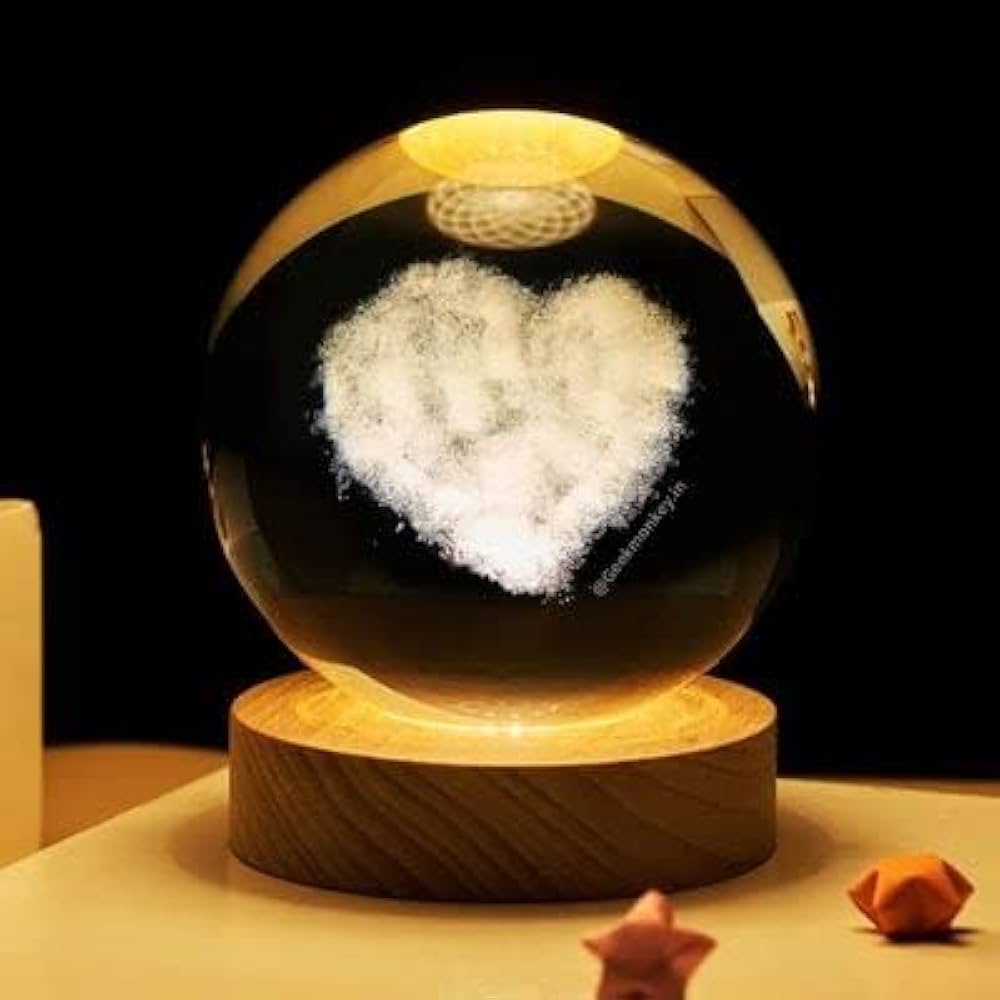 Heart Cloud 3D Crystal Lamp with wooden Base