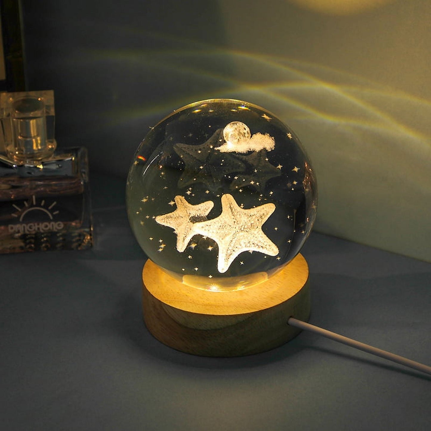 Starfish 3D Crystal Lamp with wooden Base