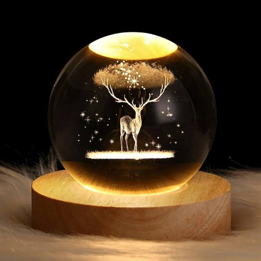 Raindeer  3D Crystal Lamp with wooden Base