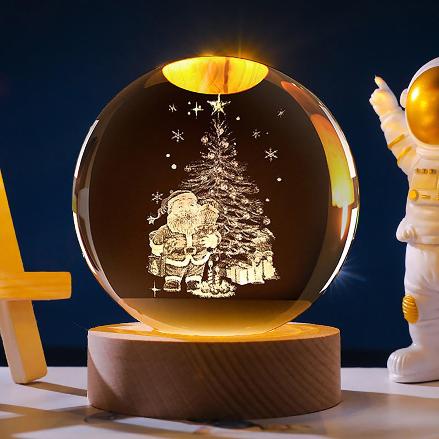 Xmas Santa 3D Crystal Lamp with wooden Base