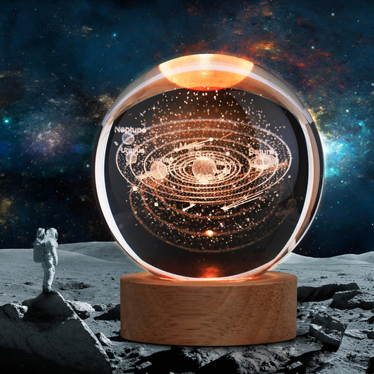 Solar system 3D Crystal Lamp with wooden Base