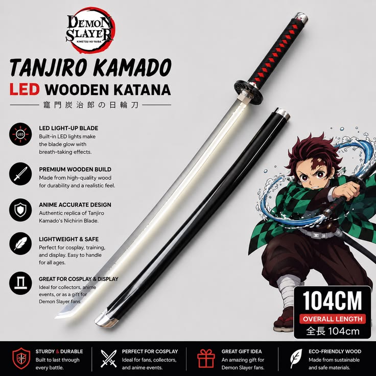 LED 104cm Tanjiro Kamado Black LED Wooden Katana Sword