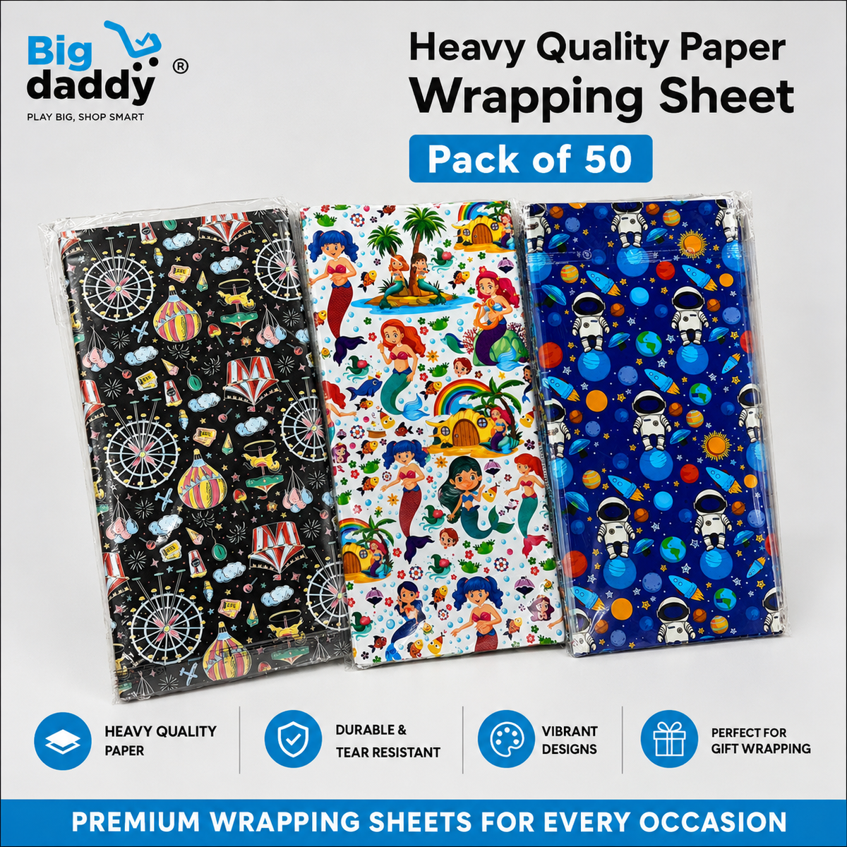 Mix design Space / Mermaid print  Paper wrapping sheet Pack of 50