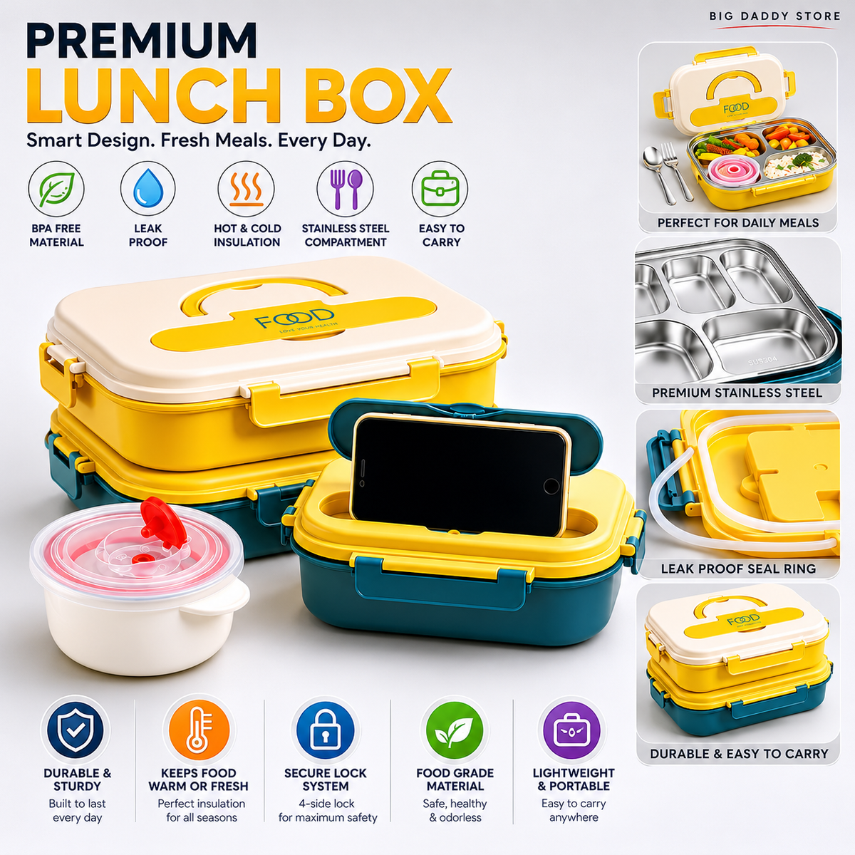 Four Compartment steel lunch box