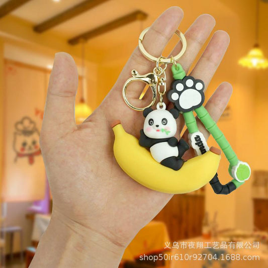 panda on fruits mix design rubber keyhcain