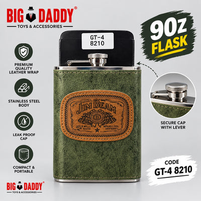 Jim beam Green Leather   Hip flask  9oz Code- GT4