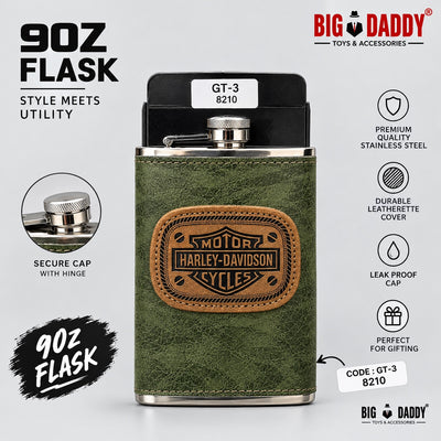 New green Motor Leather Hip flask  9oz Code- GT3