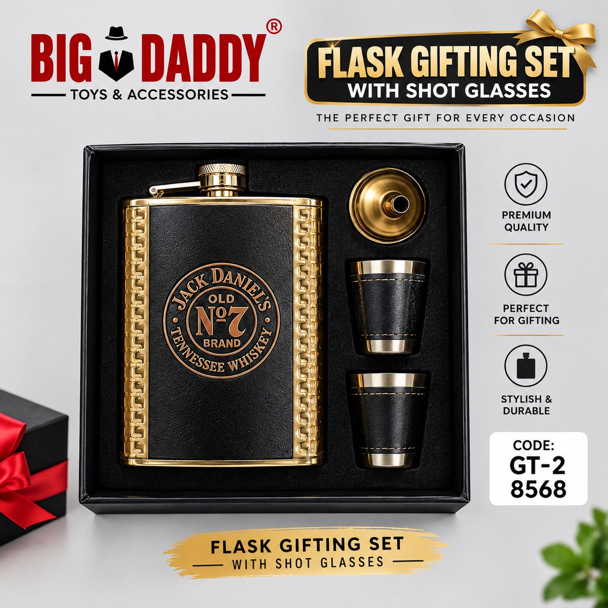 Jd Golden Gifting flask set with Glass Code - GT2