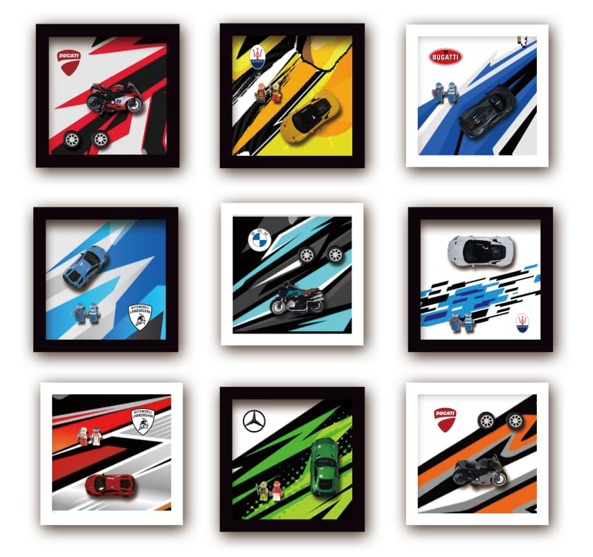 Mix car & bike 3ddiecast model wall frame ( Merc / lambo ) Size 35x35cm