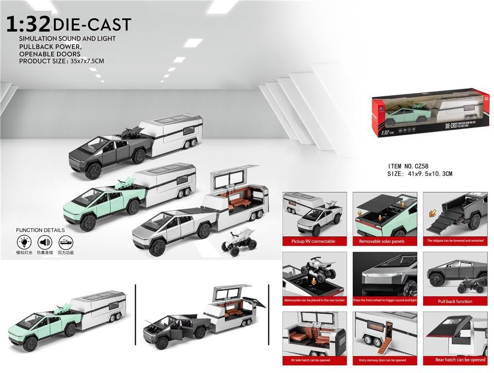 1:32 Tesla Pickup RV (with alloy motorcycle)