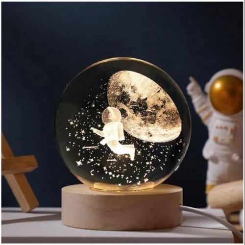 Astronaut & moon 3D Crystal Lamp with wooden Base