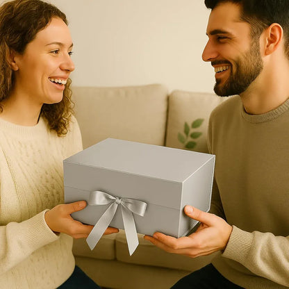 New Silver Modern Folding Gift 🎁 Box with Ribbon🎀 (Size- 23x16x10cm)