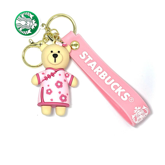 New Pink Starbucks Teddy with Star Standing Rubber Keychain Pack of 3 (eff price 37)