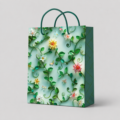 Green flower small size paper gift bag (Pack of 12)