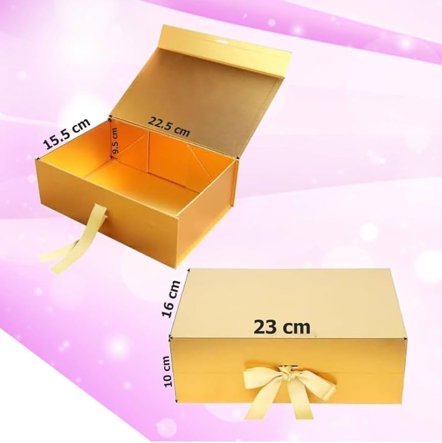 New Golden Modern Folding Gift 🎁 Box with Ribbon🎀 (Size- 23x16x10cm)