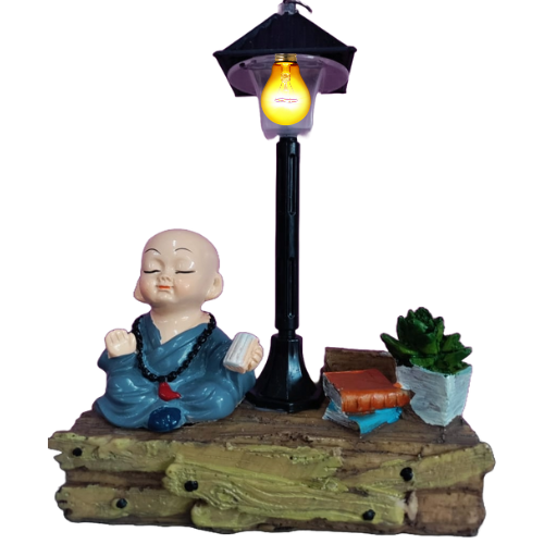 Monk Meditating on Stone lamp