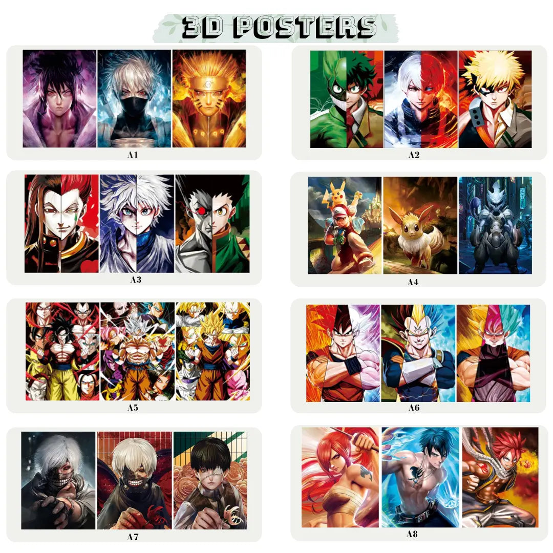 Set of 10 Heavy Quality ANIME 3d Poster (Random more than 30 designs)